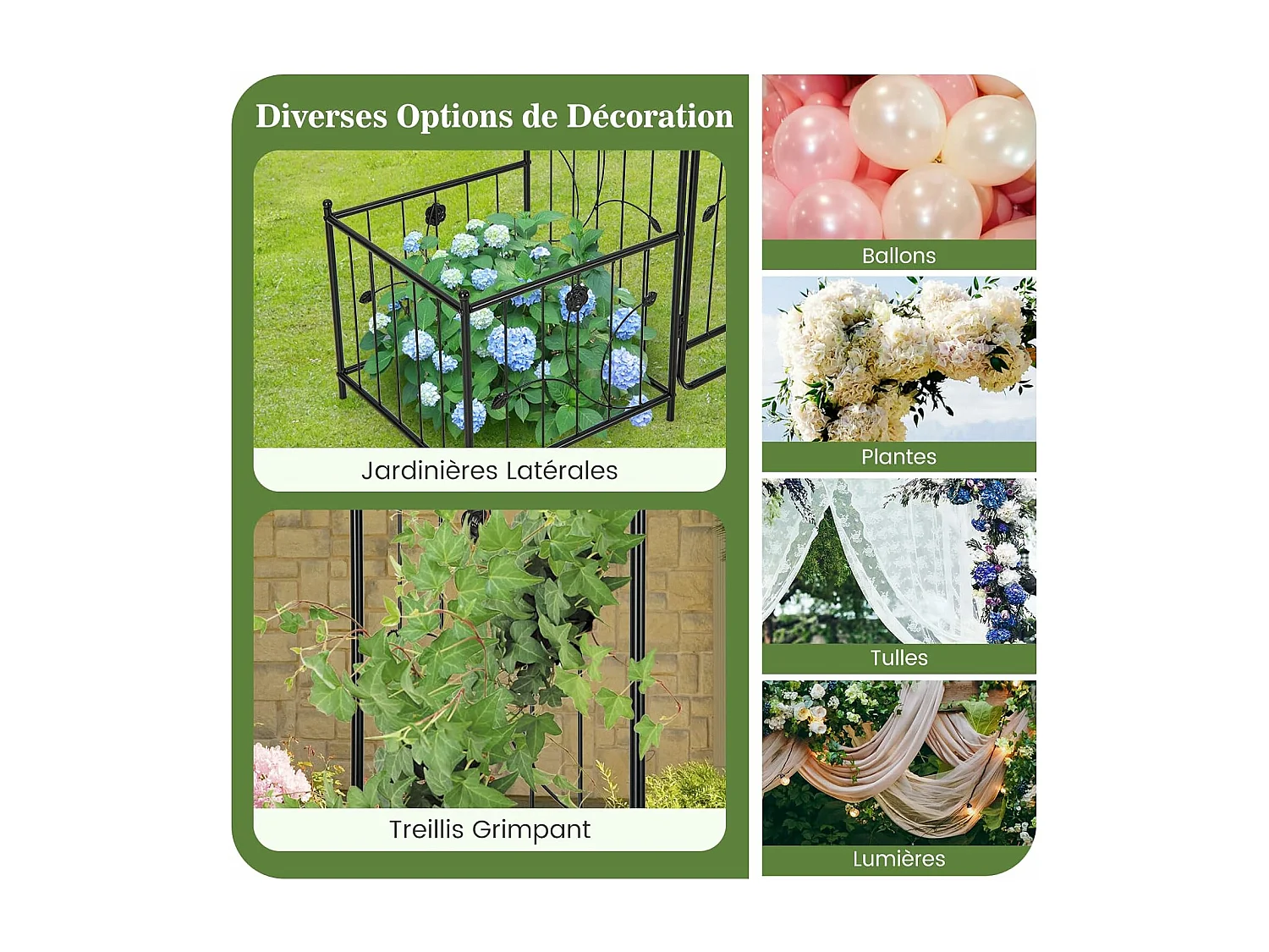 Arche de Jardin de 220 cm avec 2 Bacs Jardinière et Treillis, Pergola avec Tubes Métalliques Portail Verrouillable, Décoration pour Mariage Fête