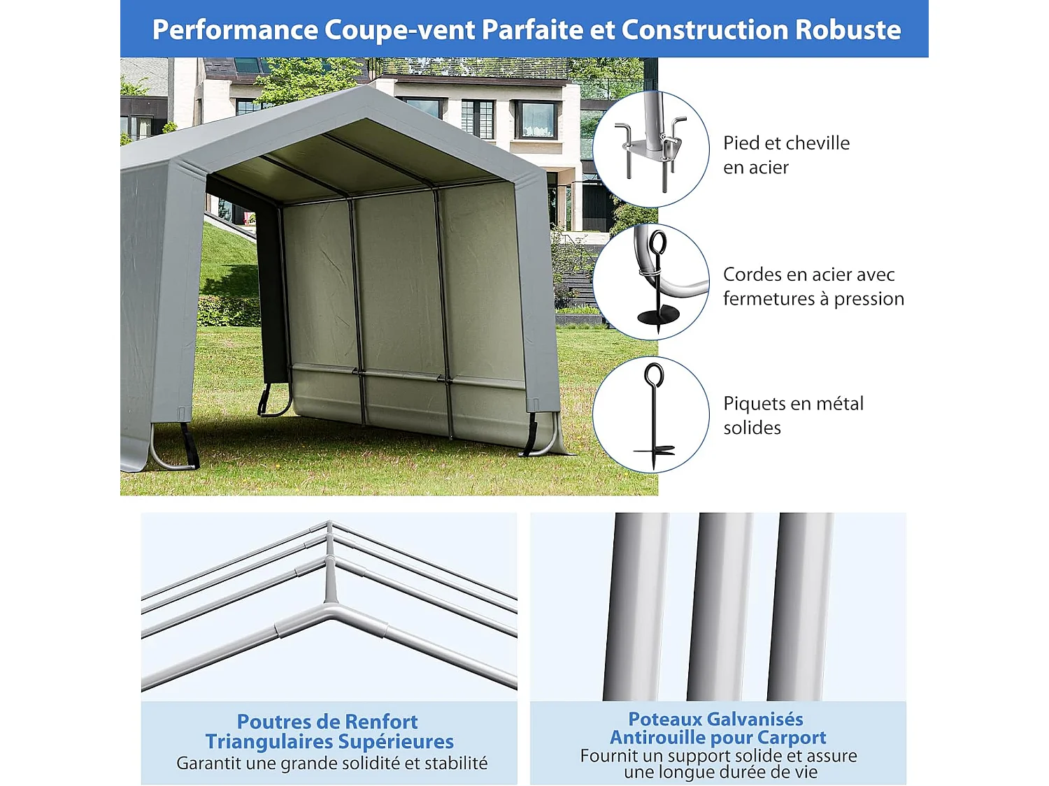 Tente Garage Portable en Acier pour Voiture, Abri Voiture Étanche 290 x 490 cm, Grand Auvent de Garage Portable avec Portes, Poutres Triangulaires, Toutes Saisons pour SUV, Bateau, Cargaison