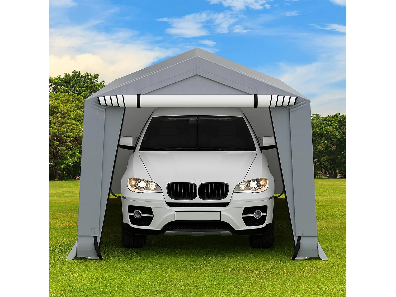 Tente Garage Portable en Acier pour Voiture, Abri Voiture Étanche 290 x 490 cm, Grand Auvent de Garage Portable avec Portes, Poutres Triangulaires, Toutes Saisons pour SUV, Bateau, Cargaison