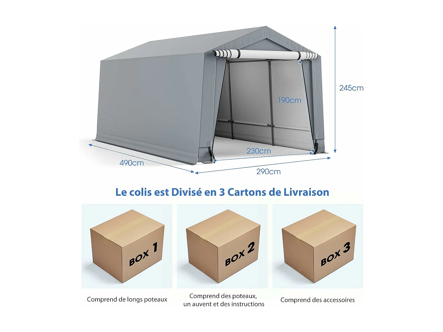 Tente Garage Portable en Acier pour Voiture, Abri Voiture Étanche 290 x 490 cm, Grand Auvent de Garage Portable avec Portes, Poutres Triangulaires, Toutes Saisons pour SUV, Bateau, Cargaison