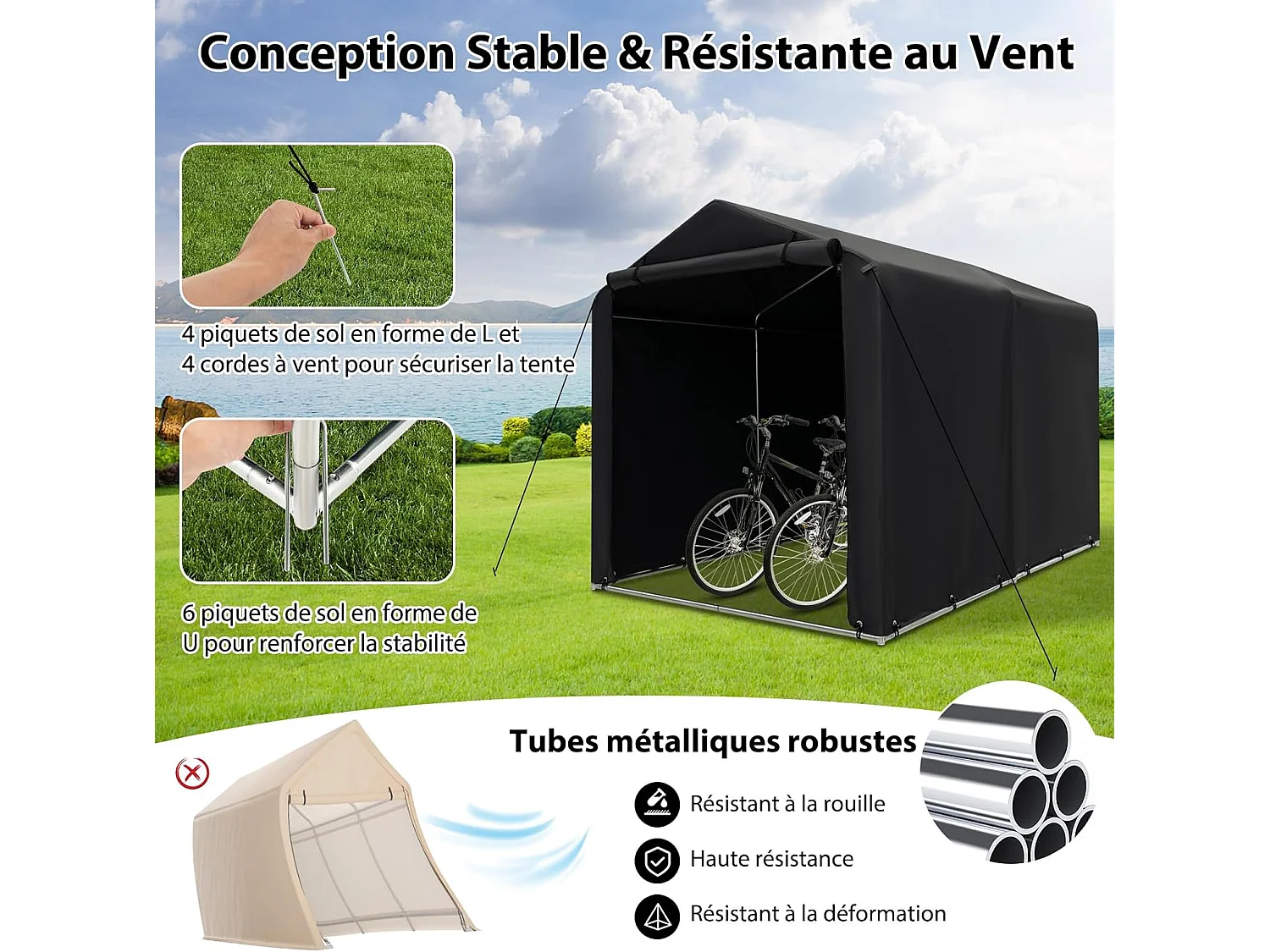Abri de Vélos Extérieur de 160 x 218 x 164 cm, Abri de Garage Portable pour Vélos avec Porte à Fermeture Éclair Enroulable, Bache Motos pour Terrasse Jardin Cour, Gris Foncé