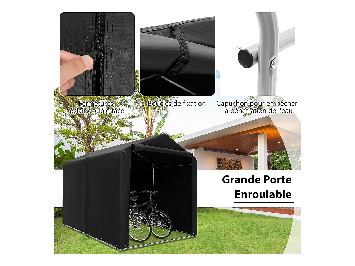 Abri de Vélos Extérieur de 160 x 218 x 164 cm, Abri de Garage Portable pour Vélos avec Porte à Fermeture Éclair Enroulable, Bache Motos pour Terrasse Jardin Cour, Gris Foncé