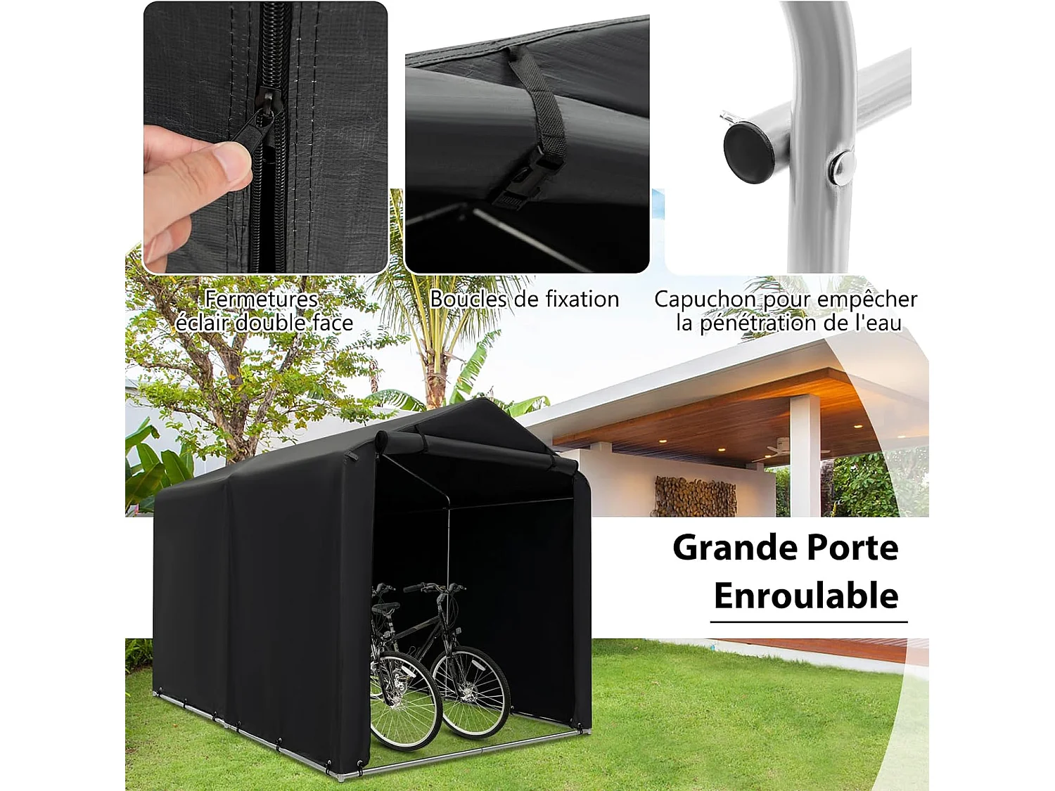 Abri de Vélos Extérieur de 160 x 218 x 164 cm, Abri de Garage Portable pour Vélos avec Porte à Fermeture Éclair Enroulable, Bache Motos pour Terrasse Jardin Cour, Gris Foncé