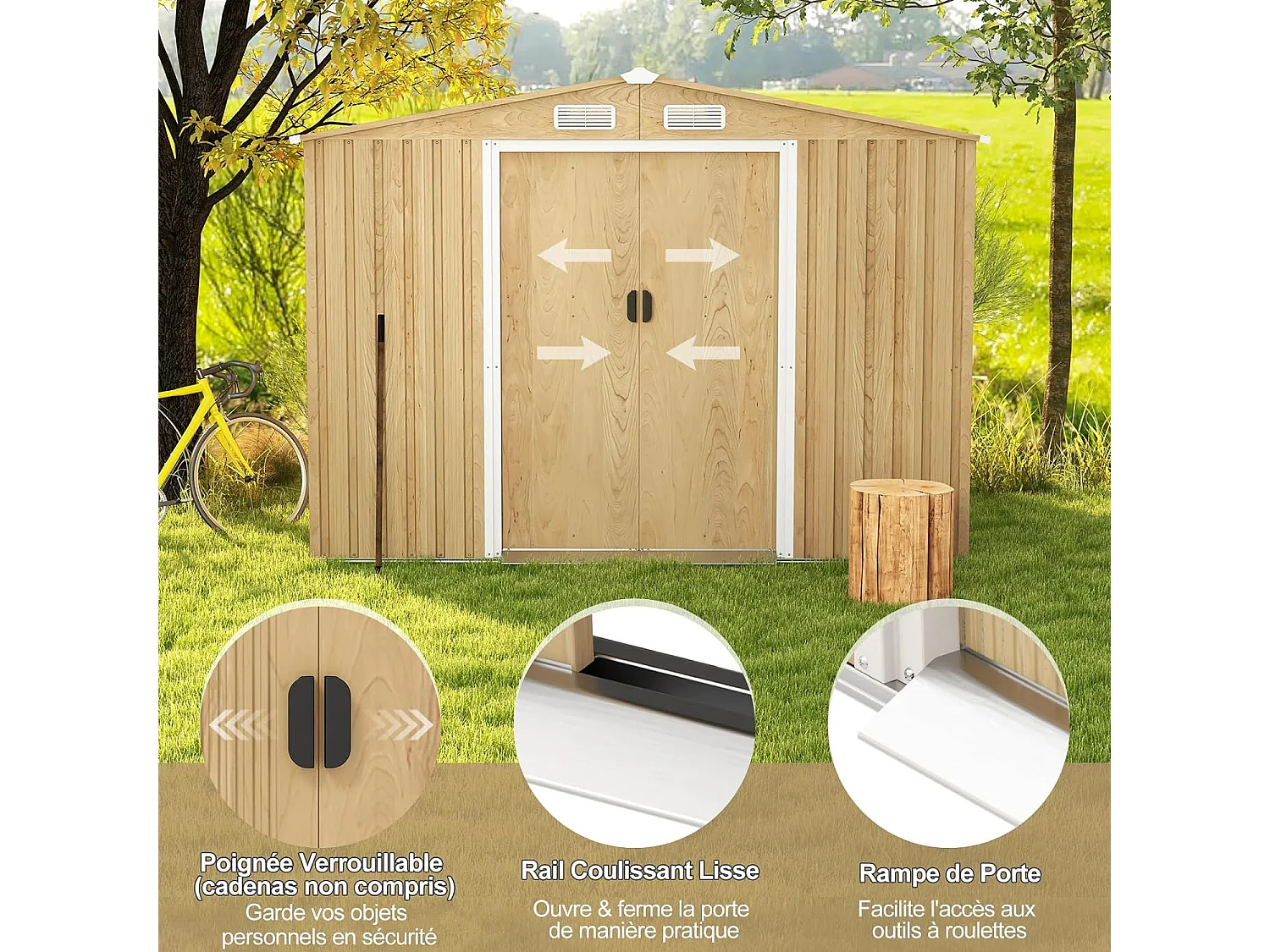 Tuinhuis van 5 m² in gegalvaniseerd staal, anti-uv, 259 x 196 x 184 cm, tuinhuisje met fundering en schuifdeur, leuning, 4 ventilatiegaten, 4 handschoenen inbegrepen