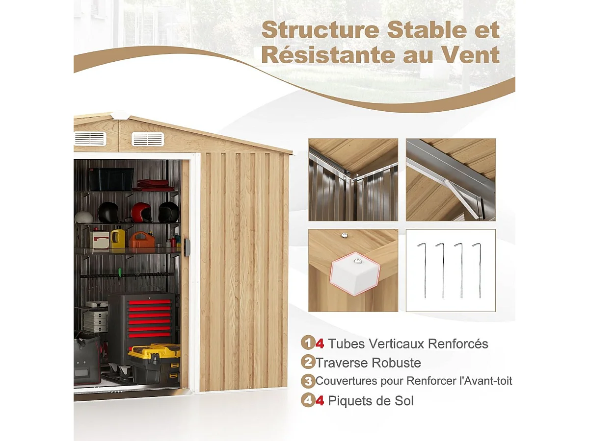 Tuinhuis van 5 m² in gegalvaniseerd staal, anti-uv, 259 x 196 x 184 cm, tuinhuisje met fundering en schuifdeur, leuning, 4 ventilatiegaten, 4 handschoenen inbegrepen