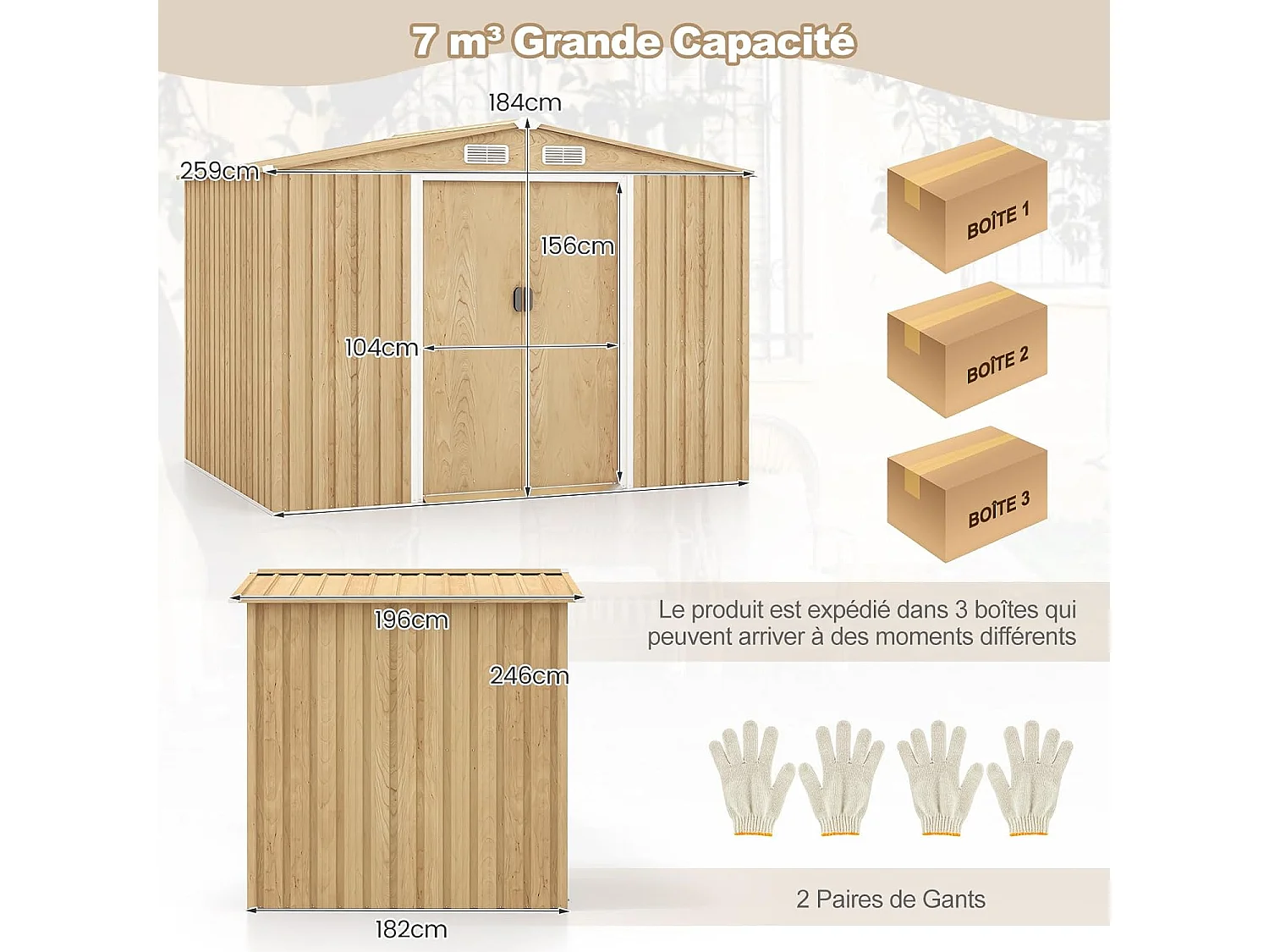 Tuinhuis van 5 m² in gegalvaniseerd staal, anti-uv, 259 x 196 x 184 cm, tuinhuisje met fundering en schuifdeur, leuning, 4 ventilatiegaten, 4 handschoenen inbegrepen