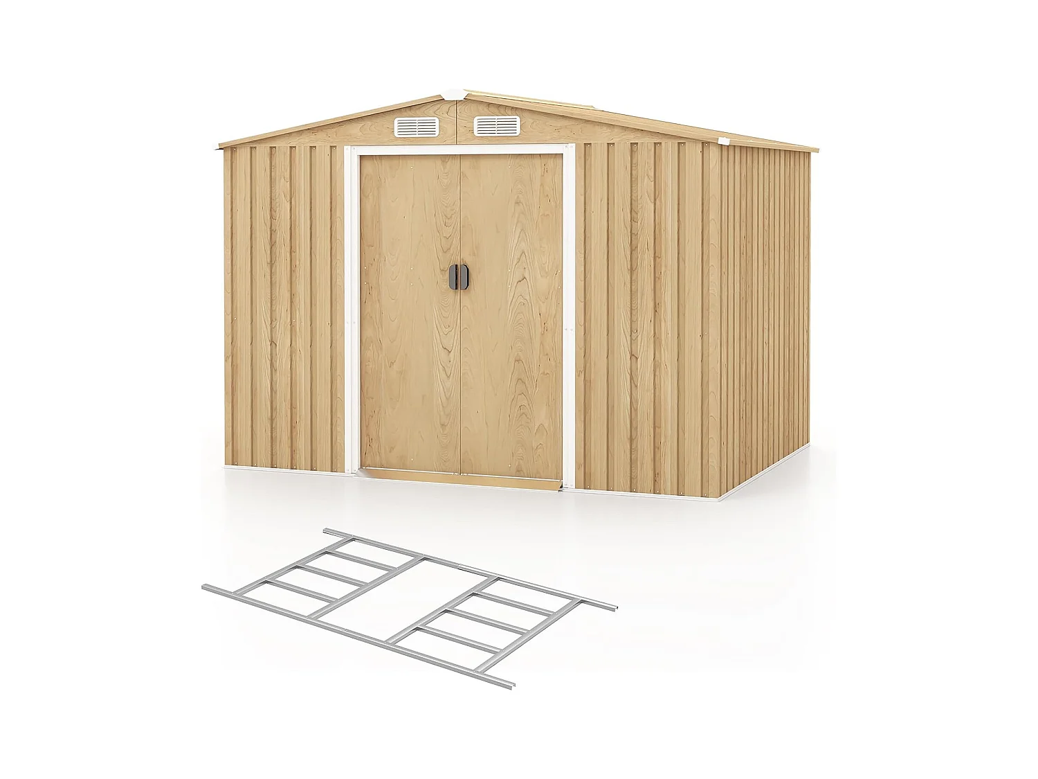 Abri de Jardin 5㎡ en Acier Galvanisé Anti-UV, 259 x 196 x 184 CM, Cabane de Jardin avec Fondation et Porte Coulissante, Rampe, 4 Trous d’Aération, 4 Gants Inclus