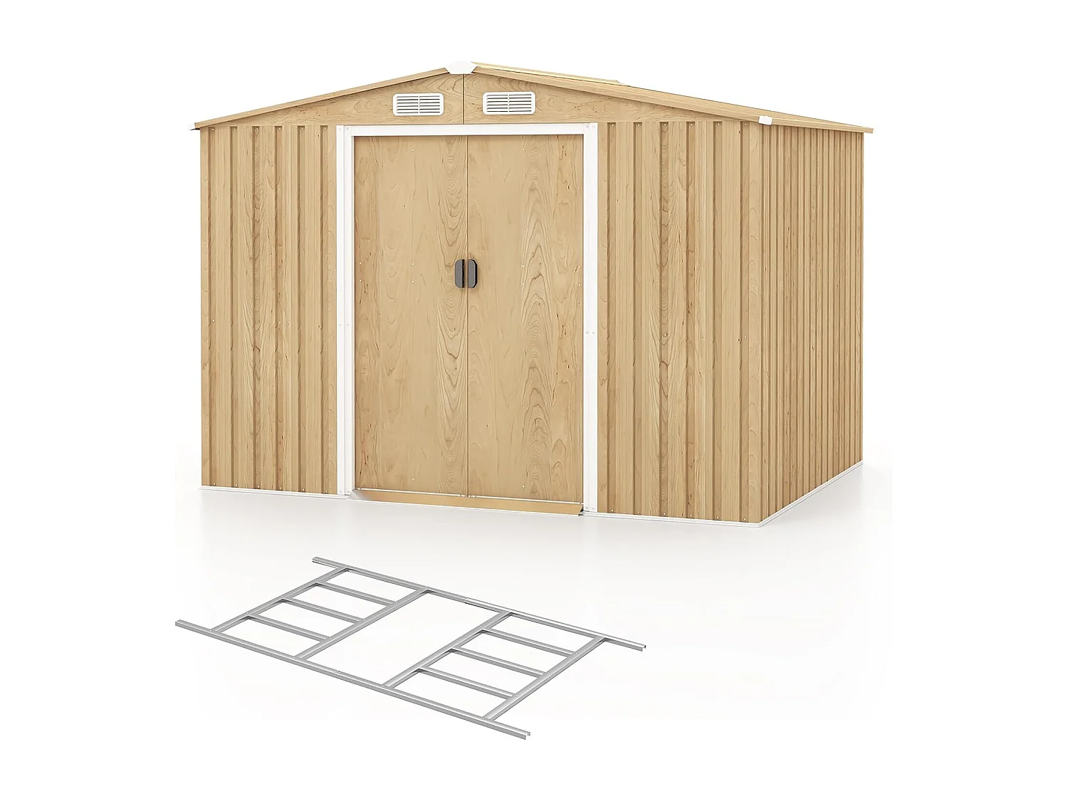 Abri de Jardin 5㎡ en Acier Galvanisé Anti-UV, 259 x 196 x 184 CM, Cabane de Jardin avec Fondation et Porte Coulissante, Rampe, 4 Trous d’Aération, 4 Gants Inclus