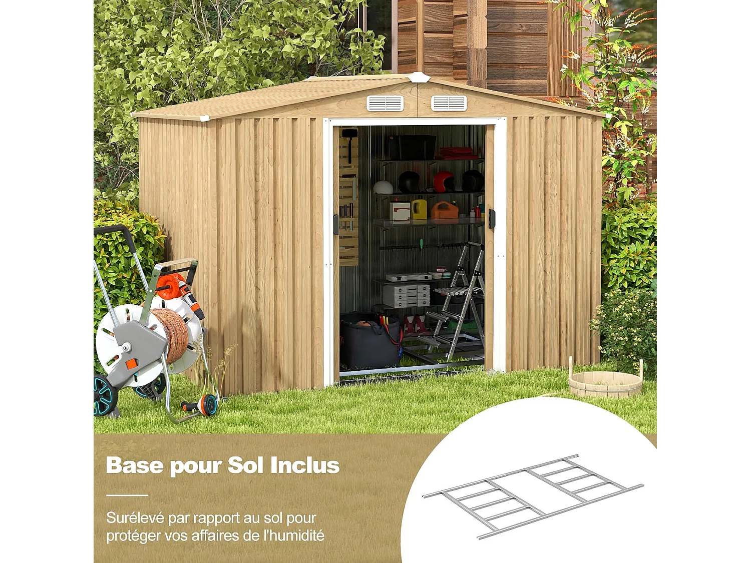 Abri de Jardin 5㎡ en Acier Galvanisé Anti-UV, 259 x 196 x 184 CM, Cabane de Jardin avec Fondation et Porte Coulissante, Rampe, 4 Trous d’Aération, 4 Gants Inclus