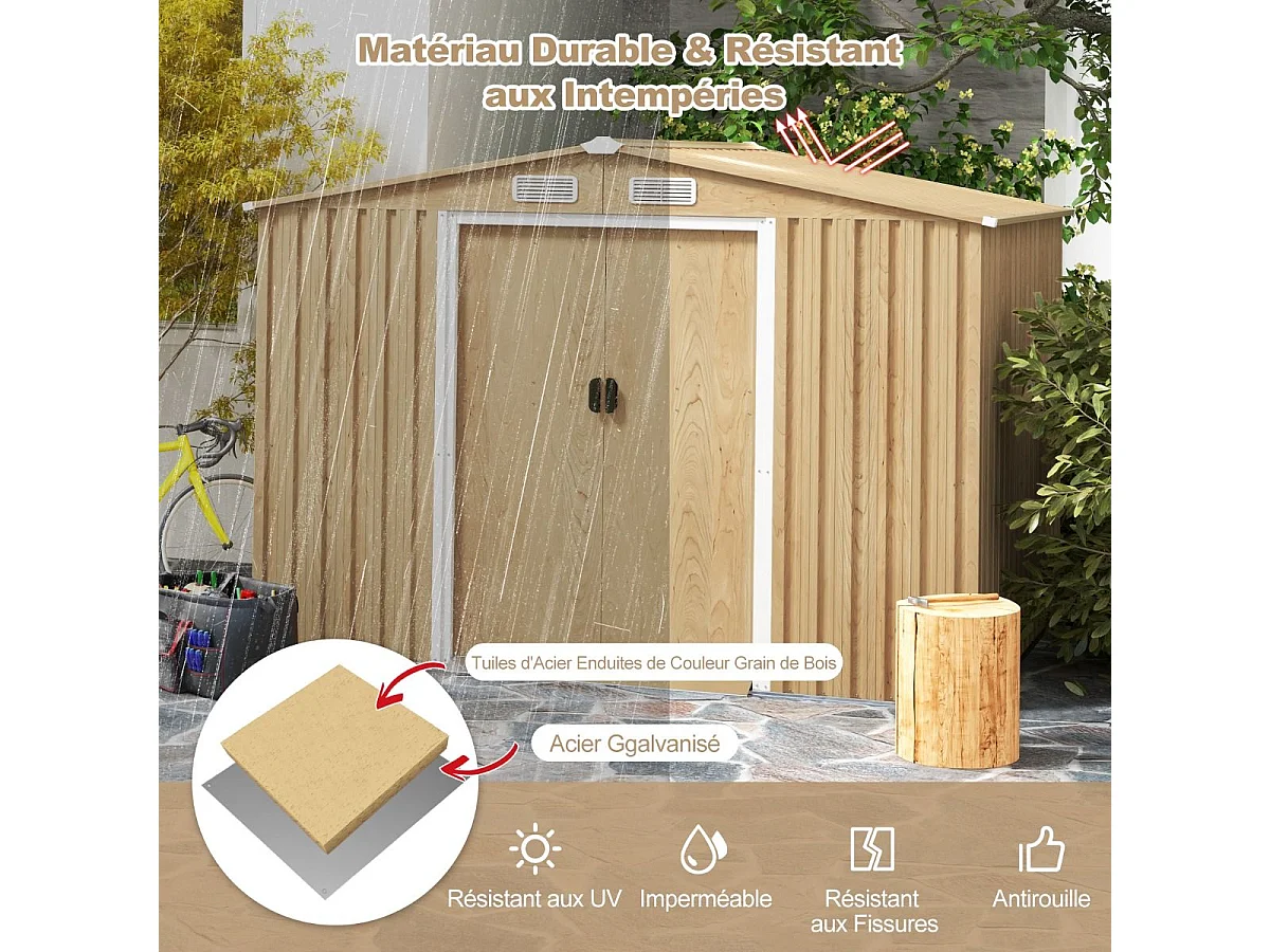 Abri de Jardin 5㎡ en Acier Galvanisé Anti-UV, 259 x 196 x 184 CM, Cabane de Jardin avec Fondation et Porte Coulissante, Rampe, 4 Trous d’Aération, 4 Gants Inclus