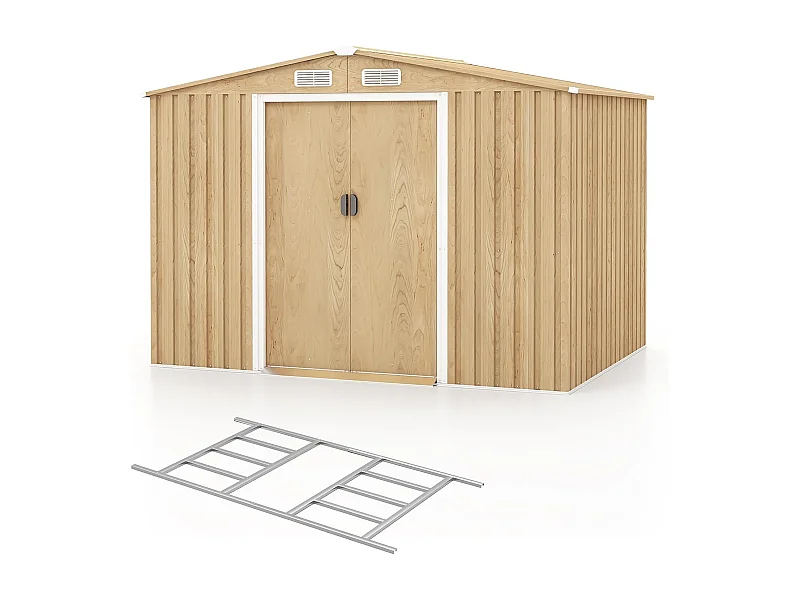 Abri de Jardin 5㎡ en Acier Galvanisé Anti-UV, 259 x 196 x 184 CM, Cabane de Jardin avec Fondation et Porte Coulissante, Rampe, 4 Trous d’Aération, 4 Gants Inclus
