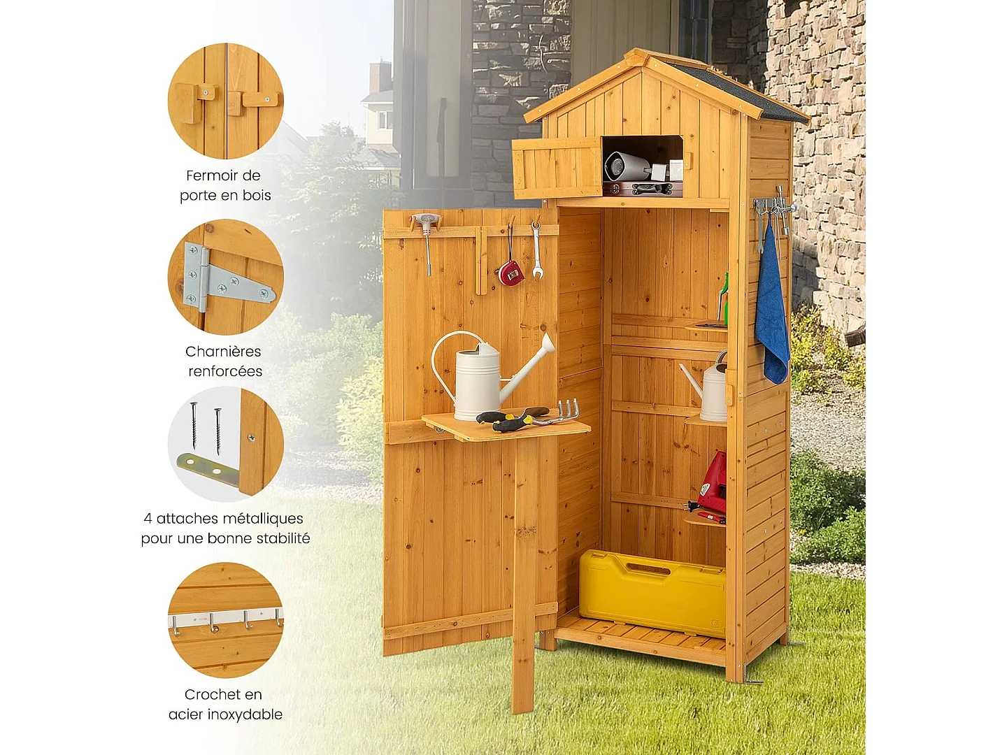 Abri de Jardin Extérieur à 4 Étagères et Table Pliable, Cabane de Rangement Verrouillable en Bois avec Toit Asphalte et 8 Crochets pour Outils, pour Maison, Cour, 75x50x180,5CM