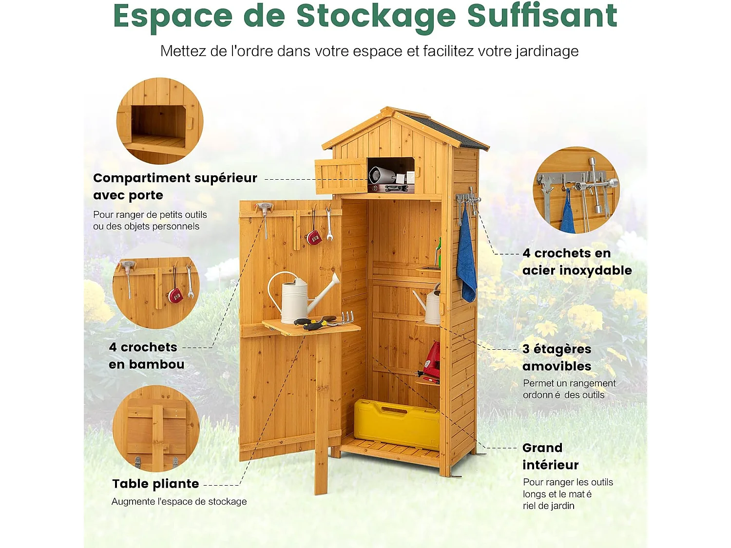 Abri de Jardin Extérieur à 4 Étagères et Table Pliable, Cabane de Rangement Verrouillable en Bois avec Toit Asphalte et 8 Crochets pour Outils, pour Maison, Cour, 75x50x180,5CM