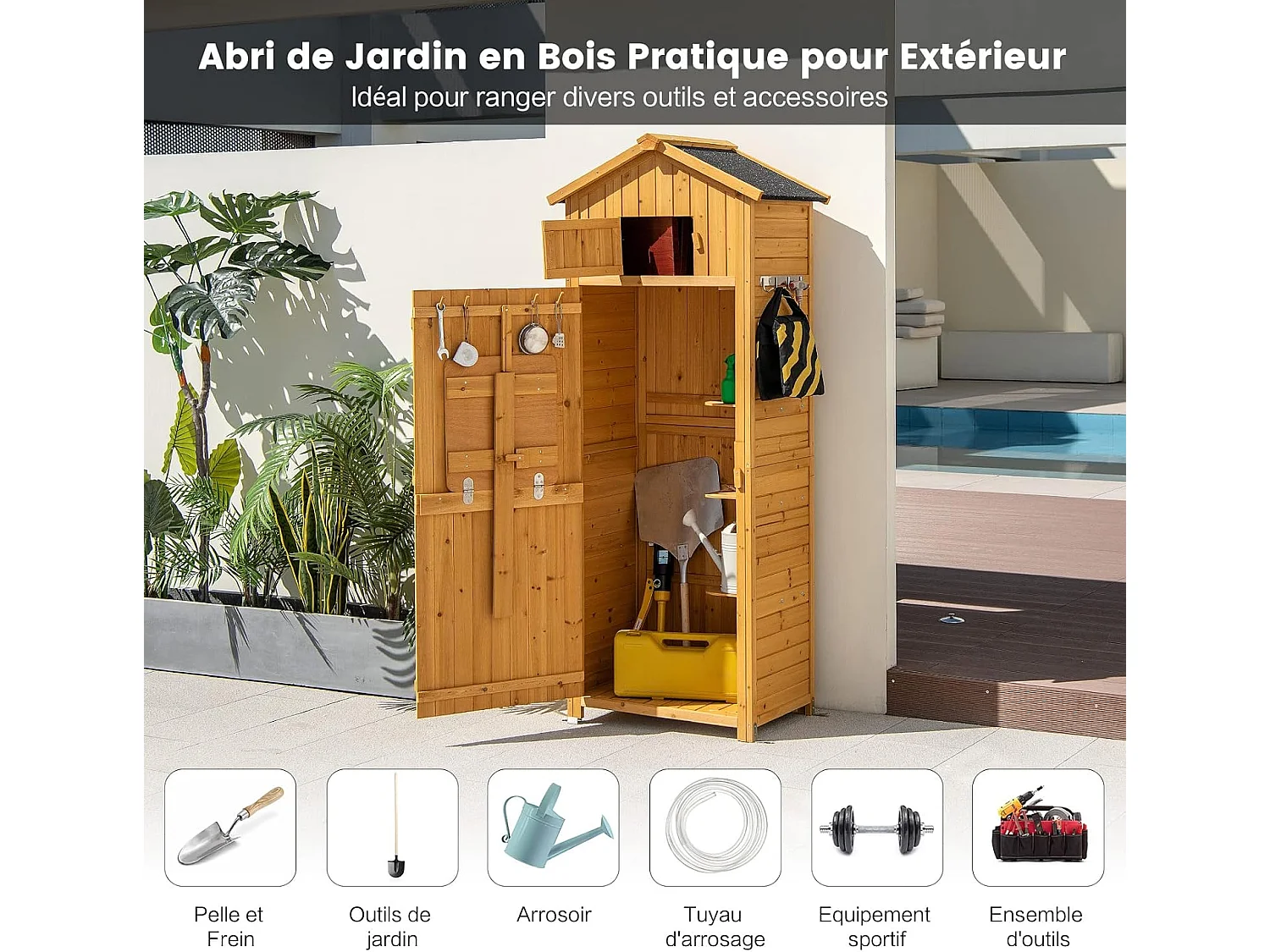 Abri de Jardin Extérieur à 4 Étagères et Table Pliable, Cabane de Rangement Verrouillable en Bois avec Toit Asphalte et 8 Crochets pour Outils, pour Maison, Cour, 75x50x180,5CM