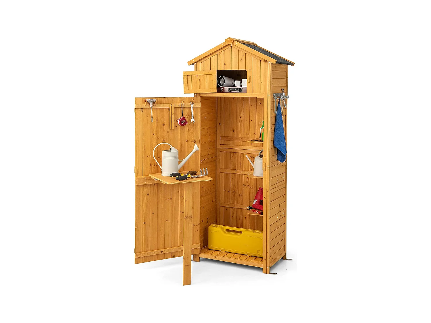 Abri de Jardin Extérieur à 4 Étagères et Table Pliable, Cabane de Rangement Verrouillable en Bois avec Toit Asphalte et 8 Crochets pour Outils, pour Maison, Cour, 75x50x180,5CM