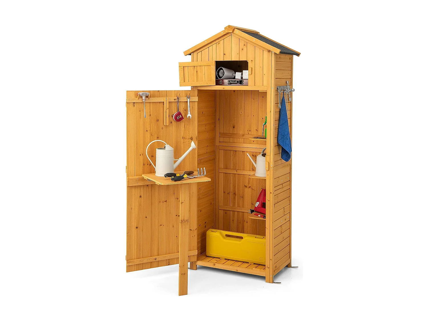 Abri de Jardin Extérieur à 4 Étagères et Table Pliable, Cabane de Rangement Verrouillable en Bois avec Toit Asphalte et 8 Crochets pour Outils, pour Maison, Cour, 75x50x180,5CM