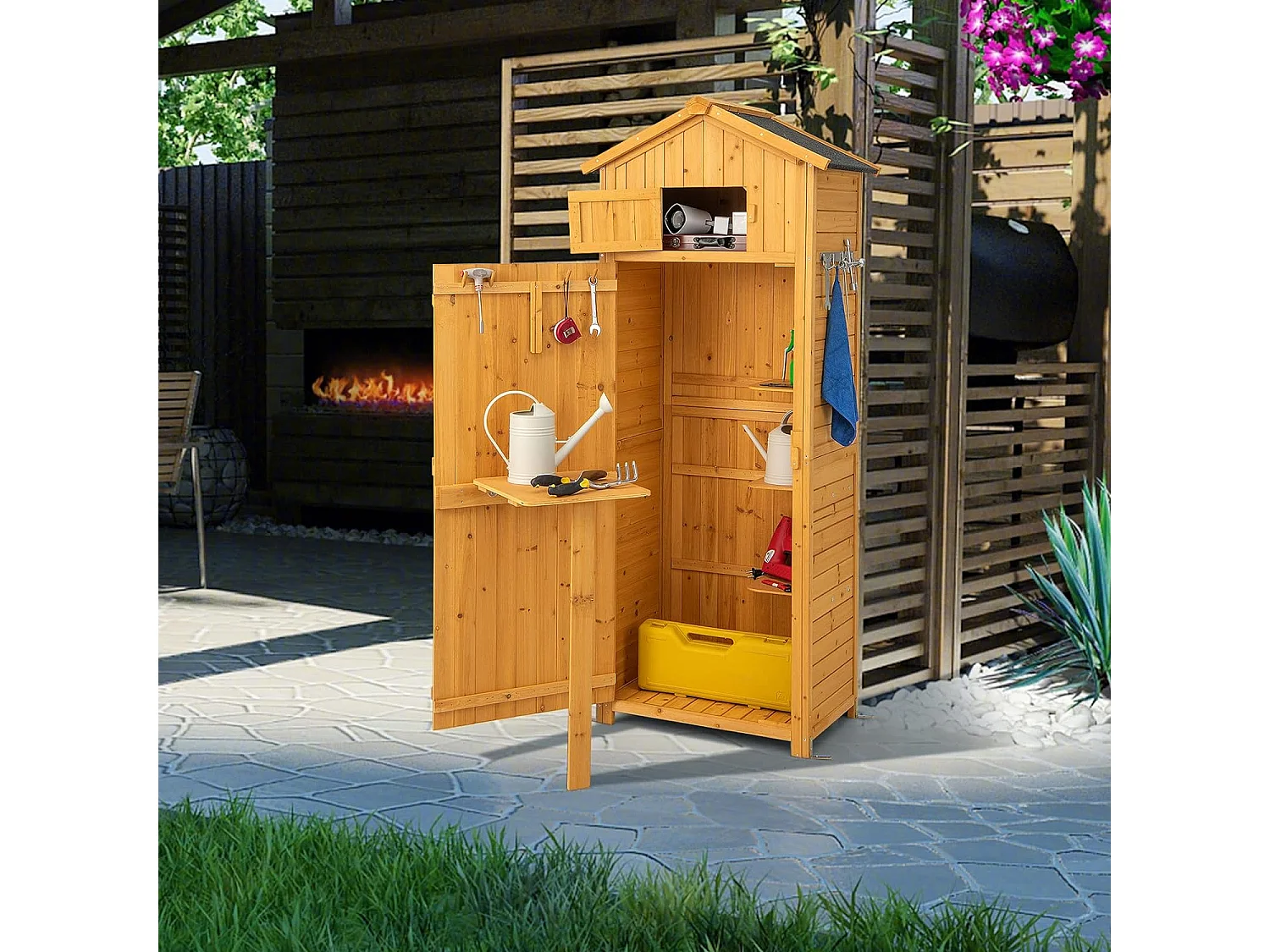 Abri de Jardin Extérieur à 4 Étagères et Table Pliable, Cabane de Rangement Verrouillable en Bois avec Toit Asphalte et 8 Crochets pour Outils, pour Maison, Cour, 75x50x180,5CM