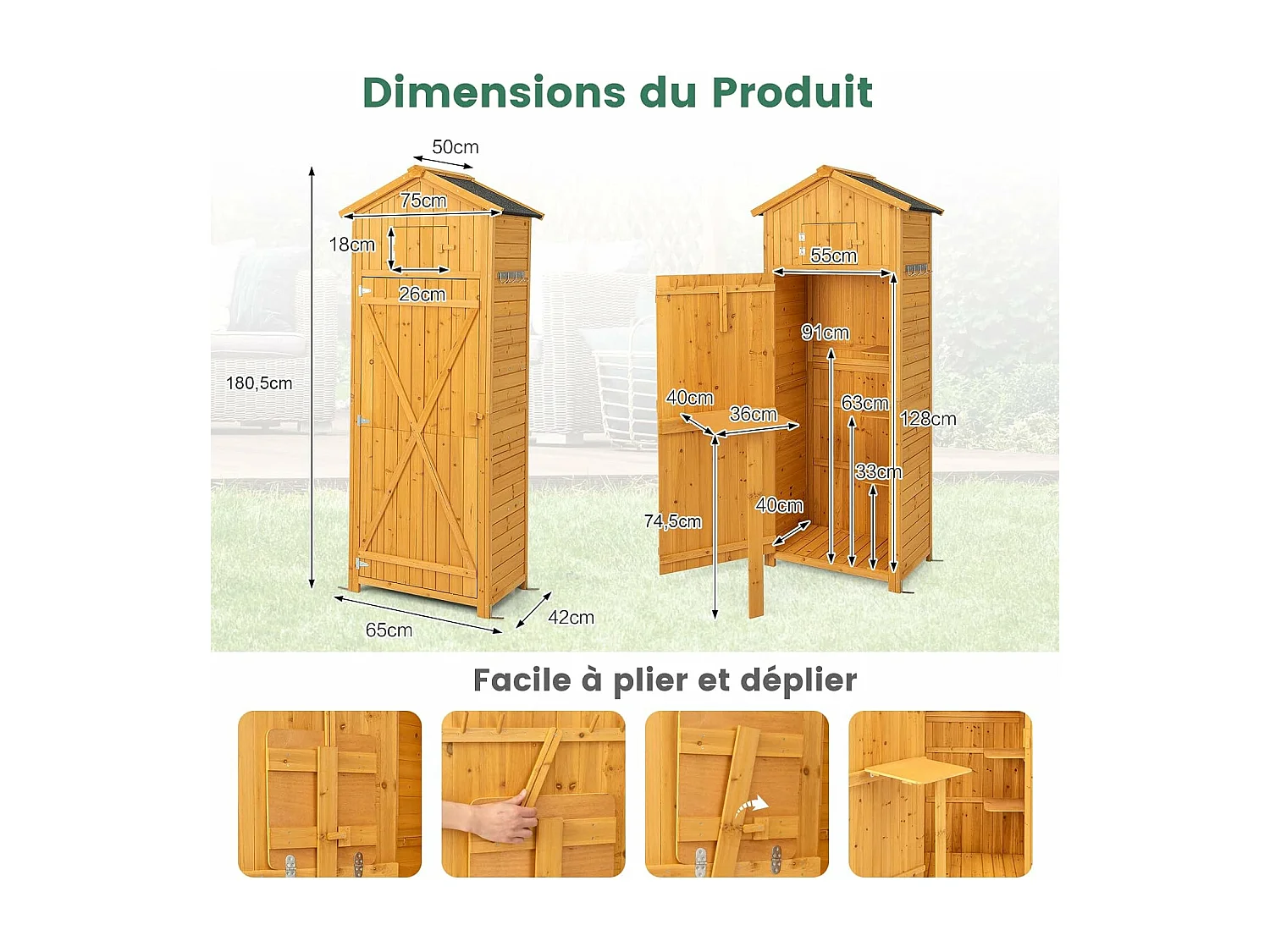 Abri de Jardin Extérieur à 4 Étagères et Table Pliable, Cabane de Rangement Verrouillable en Bois avec Toit Asphalte et 8 Crochets pour Outils, pour Maison, Cour, 75x50x180,5CM