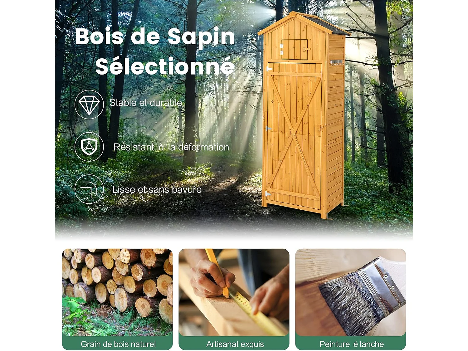 Abri de Jardin Extérieur à 4 Étagères et Table Pliable, Cabane de Rangement Verrouillable en Bois avec Toit Asphalte et 8 Crochets pour Outils, pour Maison, Cour, 75x50x180,5CM