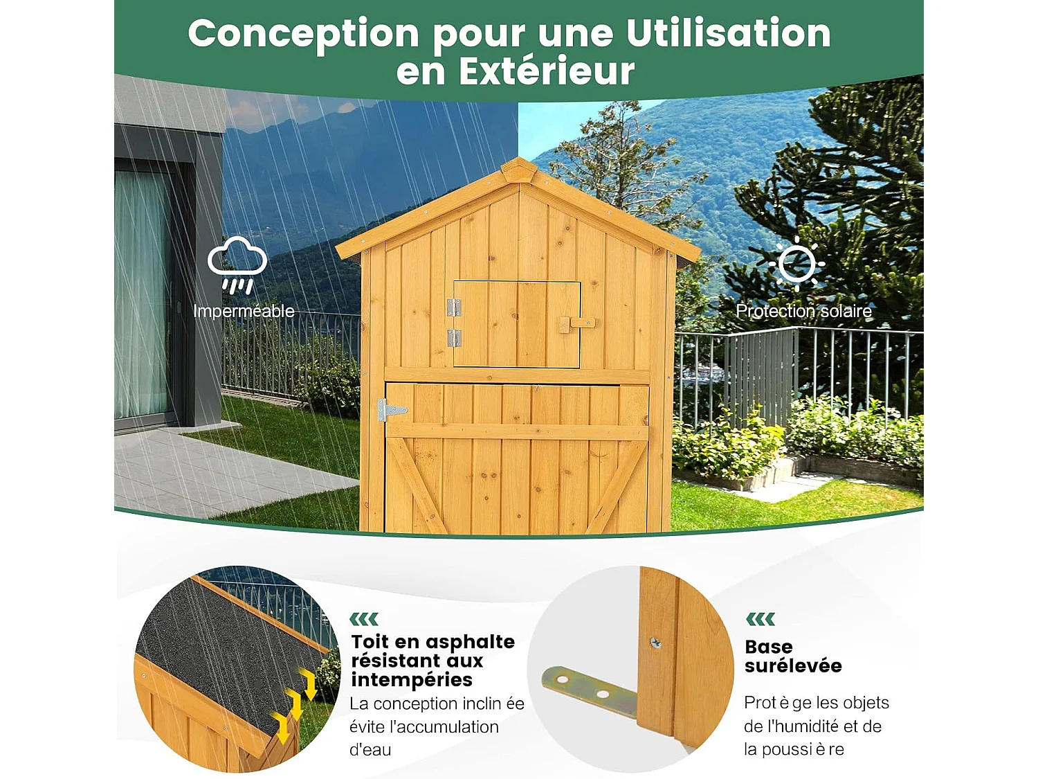 Abri de Jardin Extérieur à 4 Étagères et Table Pliable, Cabane de Rangement Verrouillable en Bois avec Toit Asphalte et 8 Crochets pour Outils, pour Maison, Cour, 75x50x180,5CM