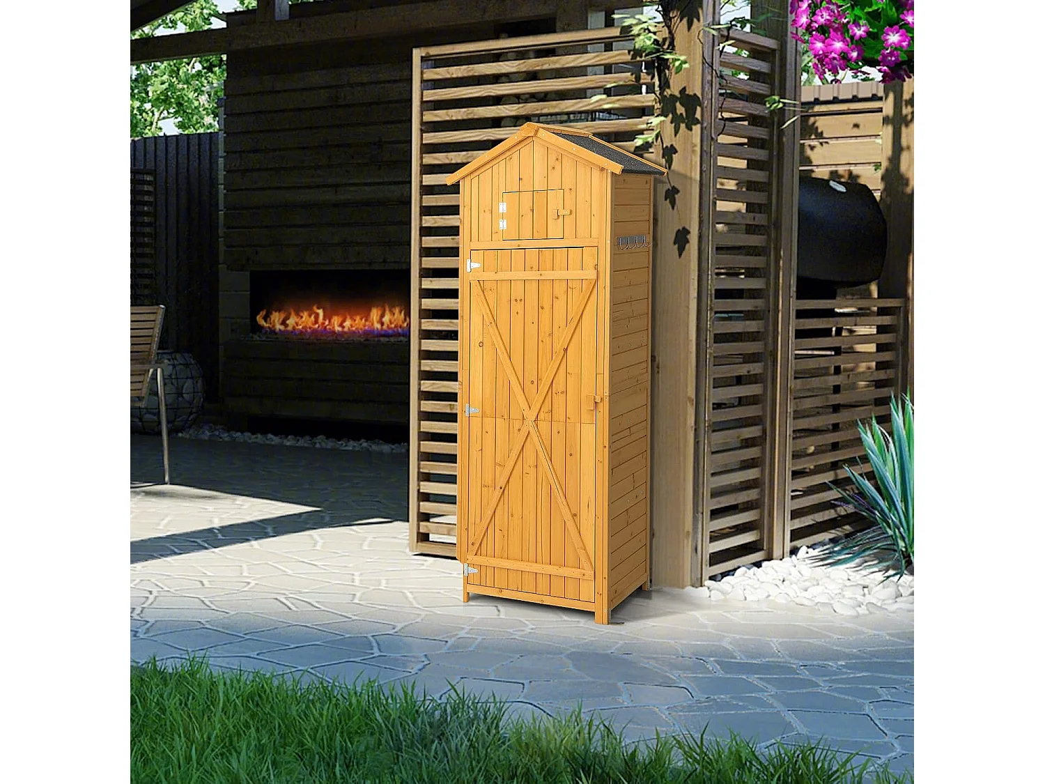 Abri de Jardin Extérieur à 4 Étagères et Table Pliable, Cabane de Rangement Verrouillable en Bois avec Toit Asphalte et 8 Crochets pour Outils, pour Maison, Cour, 75x50x180,5CM