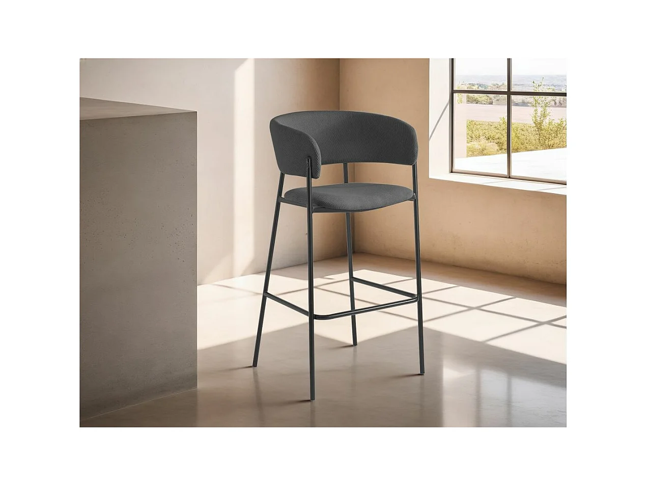 Lot de 4 tabourets de bar BOLD en velours côtelé avec pieds noirs - Gris anthracite