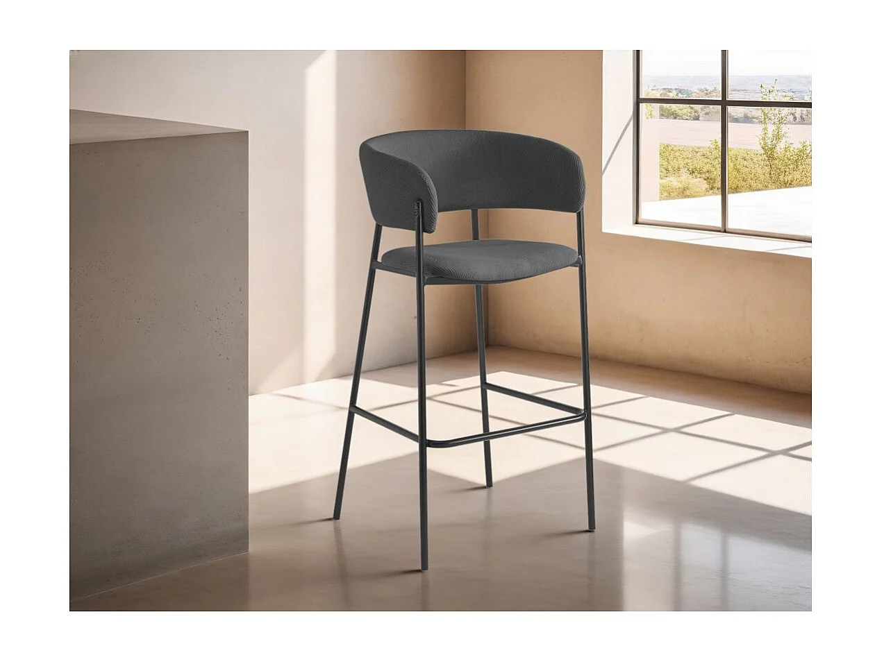 Lot de 4 tabourets de bar BOLD en velours côtelé avec pieds noirs - Gris anthracite