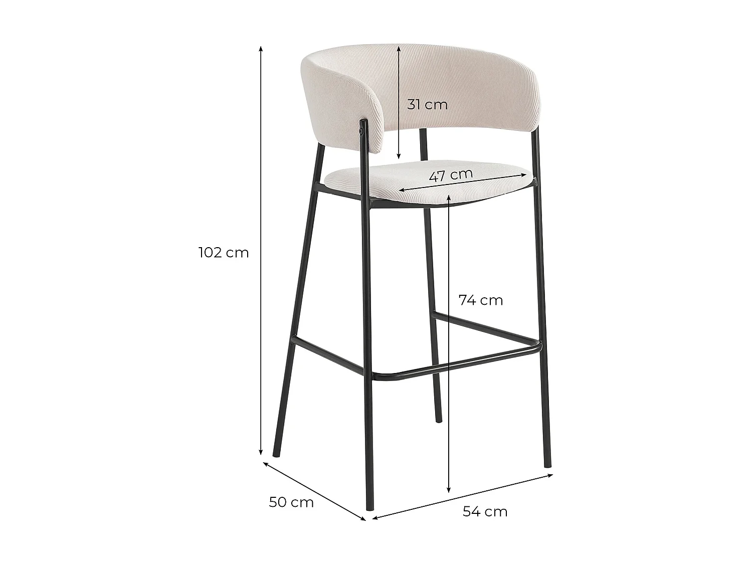 Lot de 4 tabourets de bar BOLD en velours côtelé avec pieds noirs - Gris anthracite