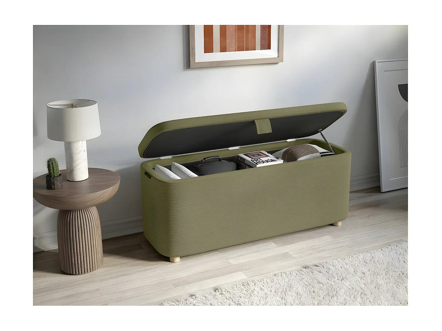 PISTACHE - Bout de lit avec rangement en velours côtelé - Vert foncé