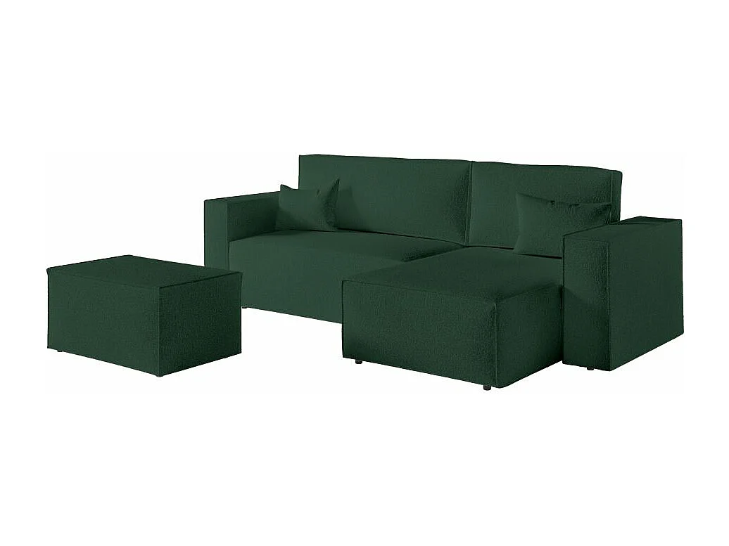 Pack - Clarisse - Canapé d'angle convertible réversible avec pouf en tissu bouclette - Vert - L269 x 159 x 89cm - Loungitude