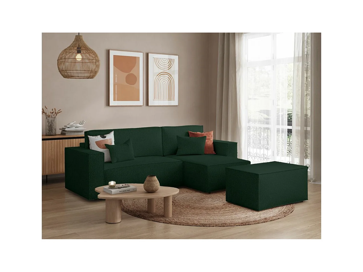 Pack - Clarisse - Canapé d'angle convertible réversible avec pouf en tissu bouclette - Vert - L269 x 159 x 89cm - Loungitude