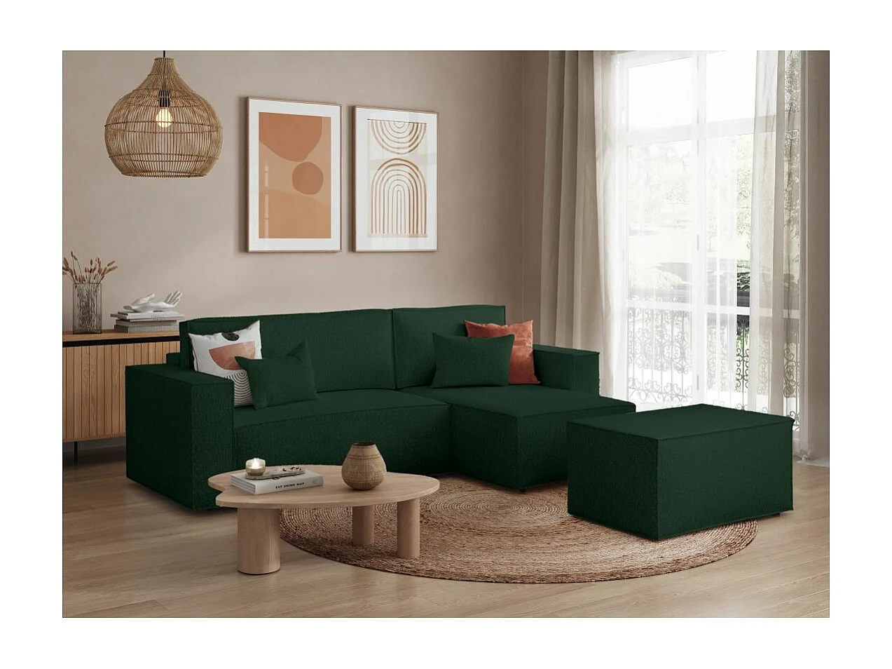 Pack - Clarisse - Canapé d'angle convertible réversible avec pouf en tissu bouclette - Vert - L269 x 159 x 89cm - Loungitude