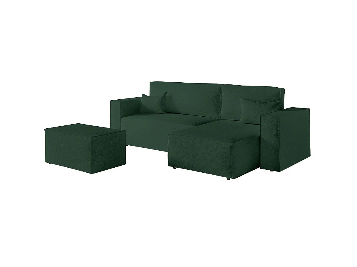 Canapé d'angle convertible 4 places avec pouf en tissu vert