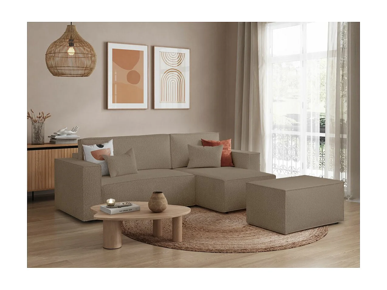Pack - Clarisse - Canapé d'angle convertible réversible avec pouf en tissu bouclette - Taupe - L269 x 159 x 89cm - Loungitude