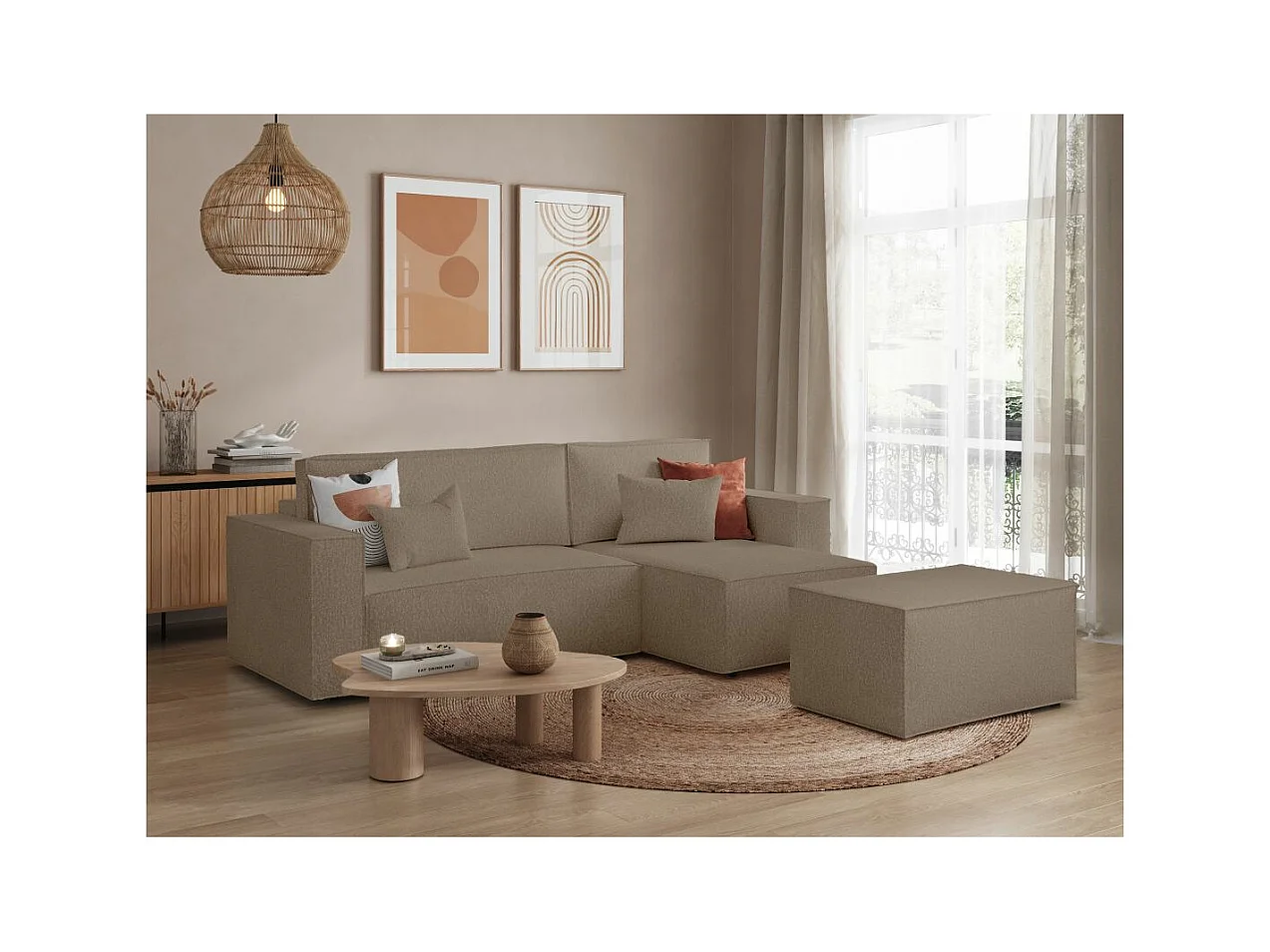 Pack - Clarisse - Canapé d'angle convertible réversible avec pouf en tissu bouclette - Taupe - L269 x 159 x 89cm - Loungitude