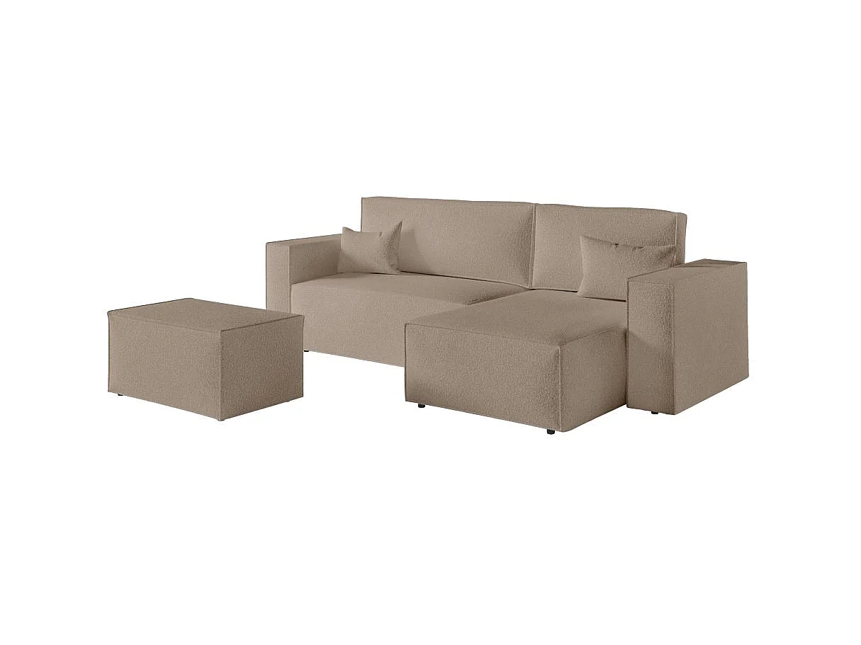 Canapé d'angle convertible 4 places avec pouf en tissu taupe