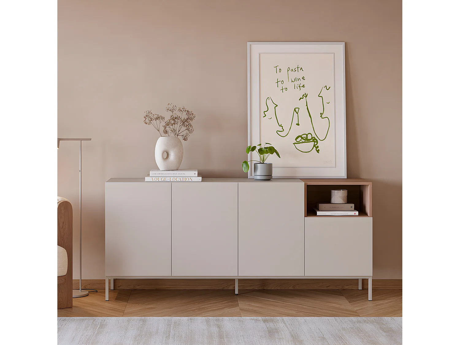 Quenor - Buffet 4 portes en bois et métal L180cm - Beige