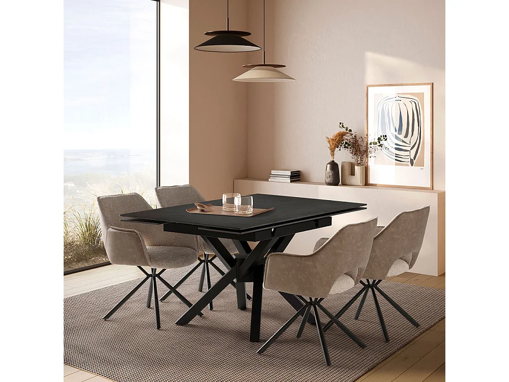 Brelyn - Table à manger extensible 6 à 8 personnes en céramique et métal 90-150x150cm - Gris foncé
