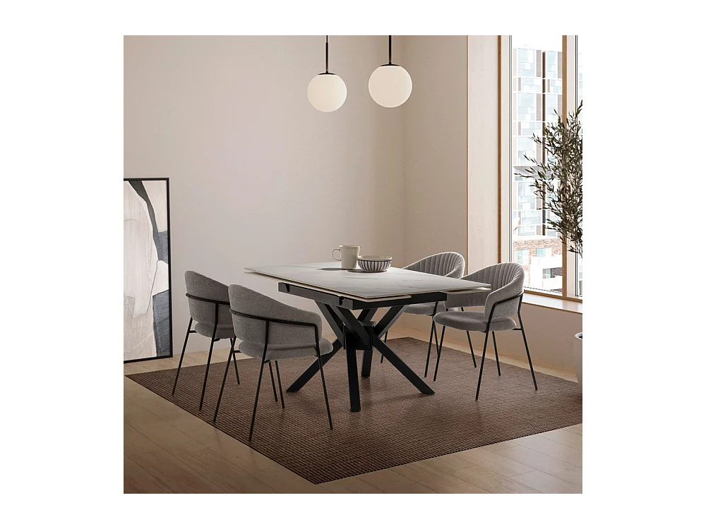 Brelyn - Table à manger extensible 6 à 8 personnes en céramique et métal 90-150x150cm - Blanc