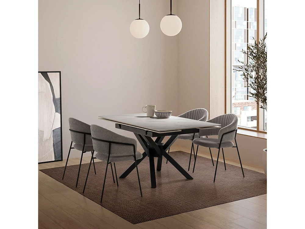 Brelyn - Table à manger extensible 6 à 8 personnes en céramique et métal 90-150x150cm - Blanc