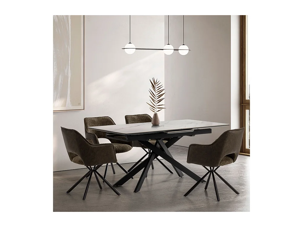 Kelmor - Table à manger extensible 6 à 8 personnes en céramique et métal 160-200x89,5cm - Blanc