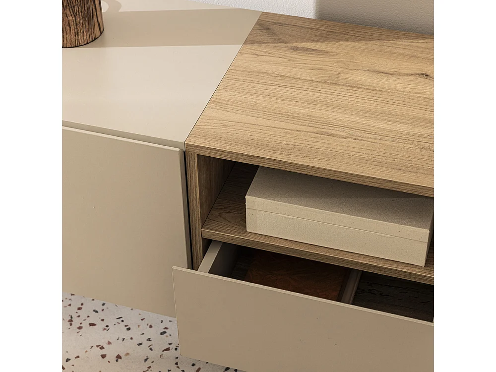 Quenor - Meuble TV 3 portes 1 tiroir en bois et métal L180cm - Beige