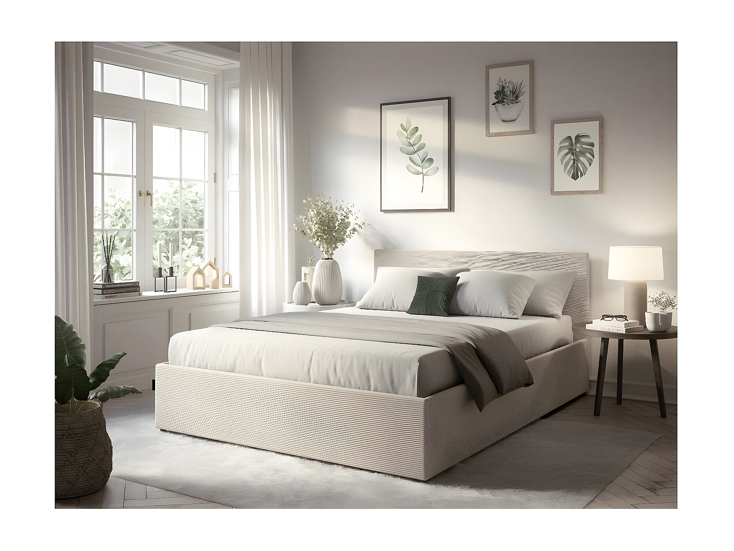 Cadre de lit EDGAR avec coffre de rangement et tête de lit en velours côtelé - Beige - 160 x 200 cm