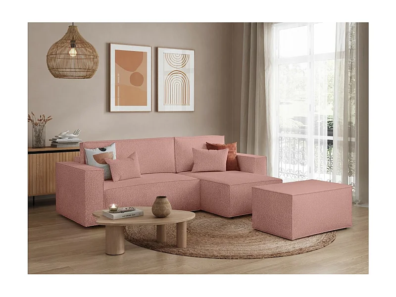 Pack - Clarisse - Canapé d'angle convertible réversible avec pouf en tissu bouclette - Rose - L269 x 159 x 89cm - Loungitude