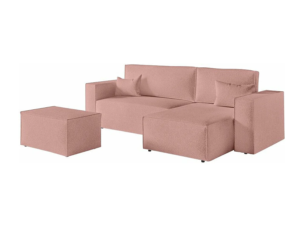 Pack - Clarisse - Canapé d'angle convertible réversible avec pouf en tissu bouclette - Rose - L269 x 159 x 89cm - Loungitude