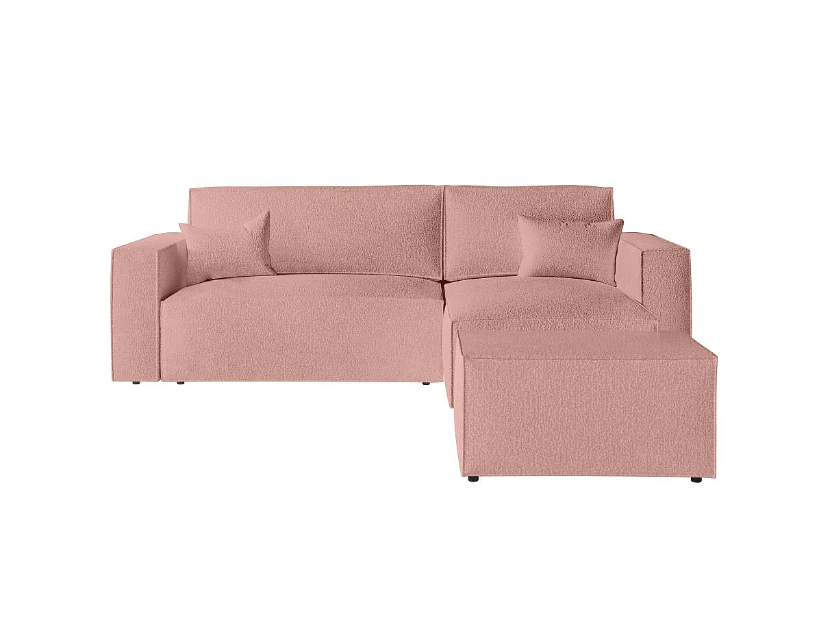 Canapé d'angle convertible 4 places avec pouf en tissu rose