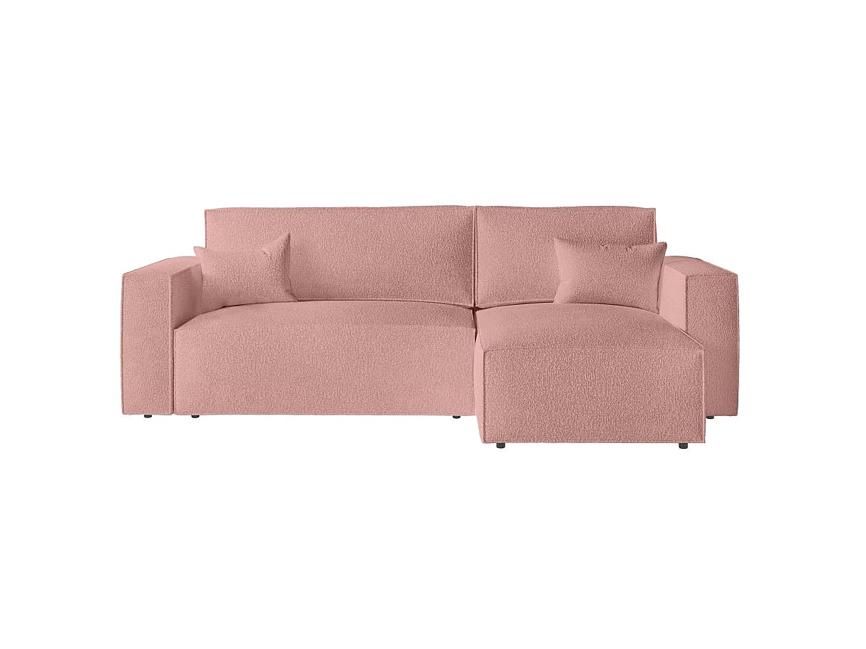 Canapé d'angle convertible 4 places avec pouf en tissu rose