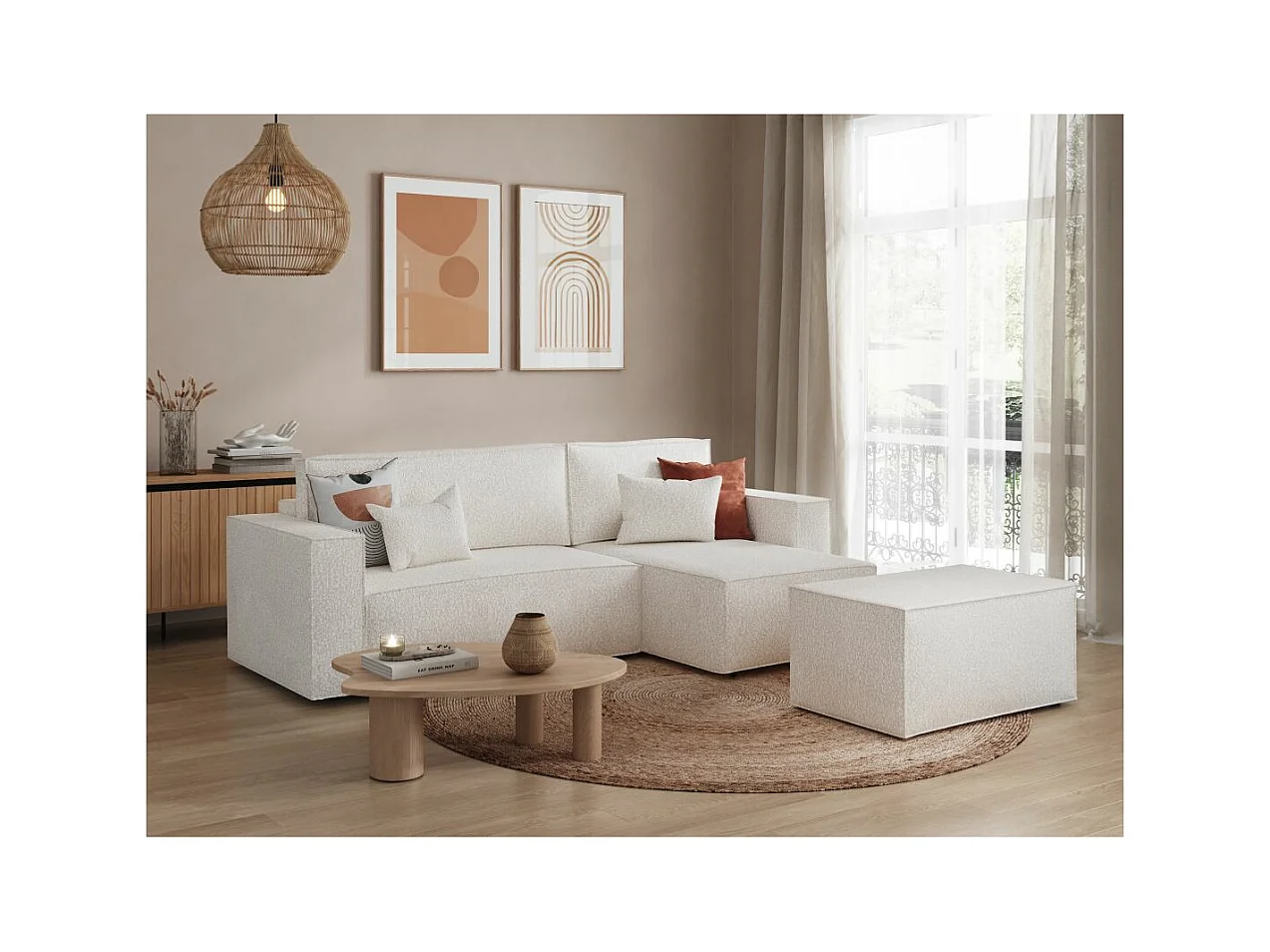 Pack - Clarisse - Canapé d'angle convertible réversible avec pouf en tissu bouclette - Blanc - L269 x P159 x H89cm - Loungitude