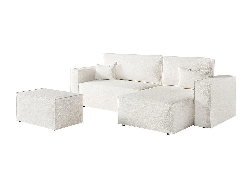 Pack - Clarisse - Canapé d'angle convertible réversible avec pouf en tissu bouclette - Blanc - L269 x P159 x H89cm - Loungitude