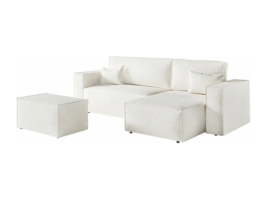 Pack - Clarisse - Canapé d'angle convertible réversible avec pouf en tissu bouclette - Blanc - L269 x P159 x H89cm - Loungitude